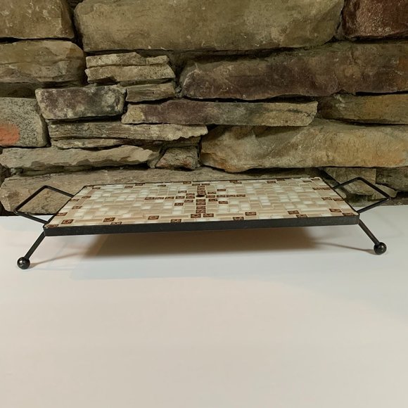 VTG Mosaic Tile Trivet Tray Ceramic Tan Brown MCM Mid-century Modern Serving - Picture 5 of 8